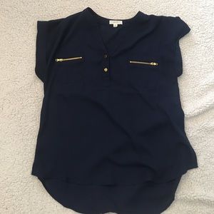 Navy chiffon blouse with gold accents