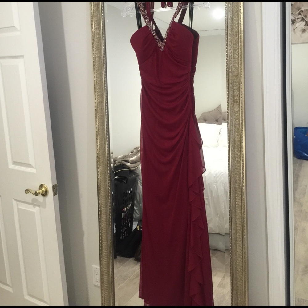 Maroon halter prom dress.