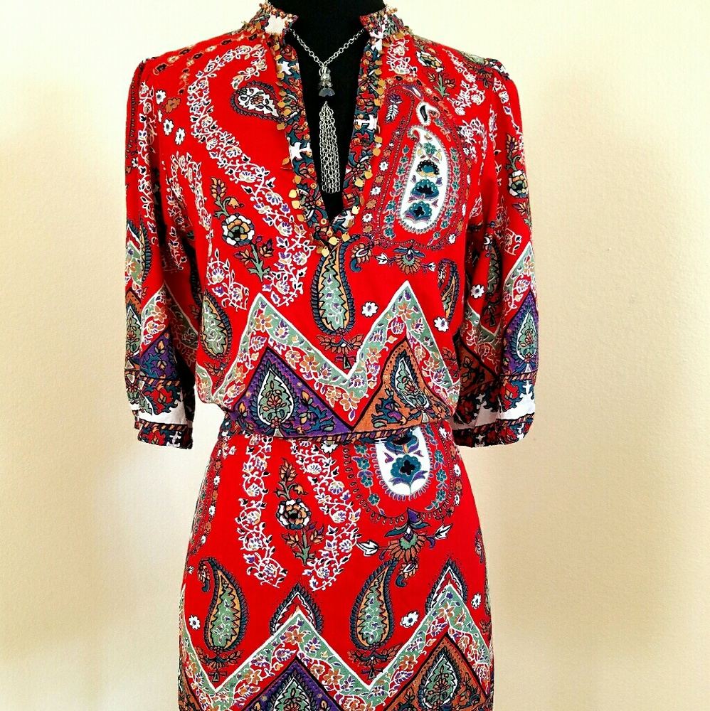 Red Paisley Cotton Ethnic Hippie Beach Sun Dress S