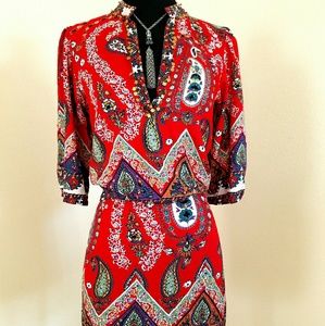 Red Paisley Cotton Ethnic Hippie Beach Sun Dress S