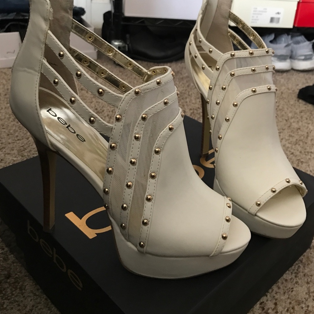 Bebe opened toe booties with gold studs