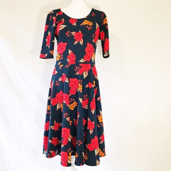LuLaRoe Dresses & Skirts - Lularoe Nicole Navy Dress Red and Orange Flowers