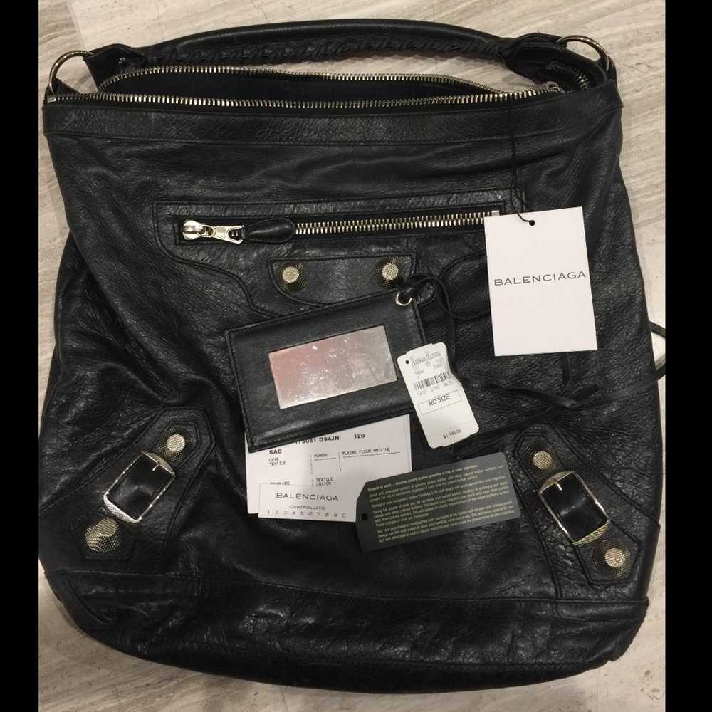 Auth Balenciaga Day Bag in Black w/Silver Giant Hw