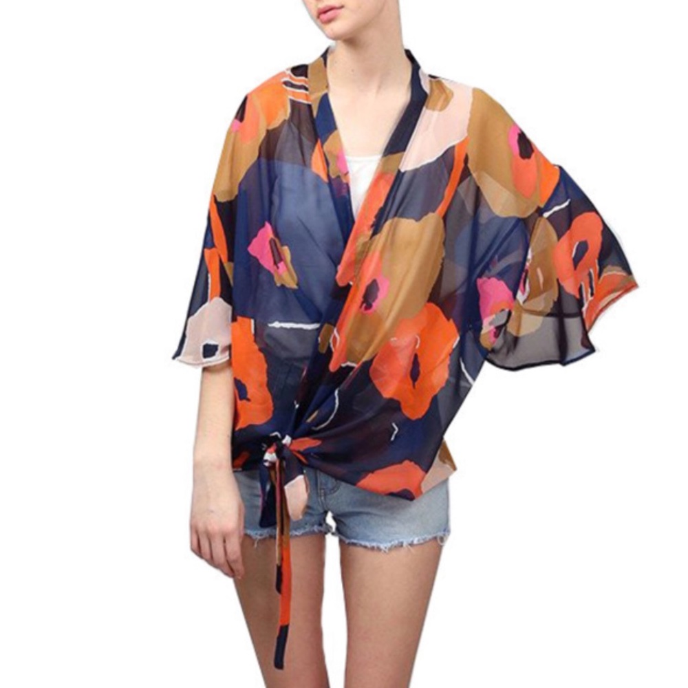 Orange Flower Print Knotted Kimono Blouse