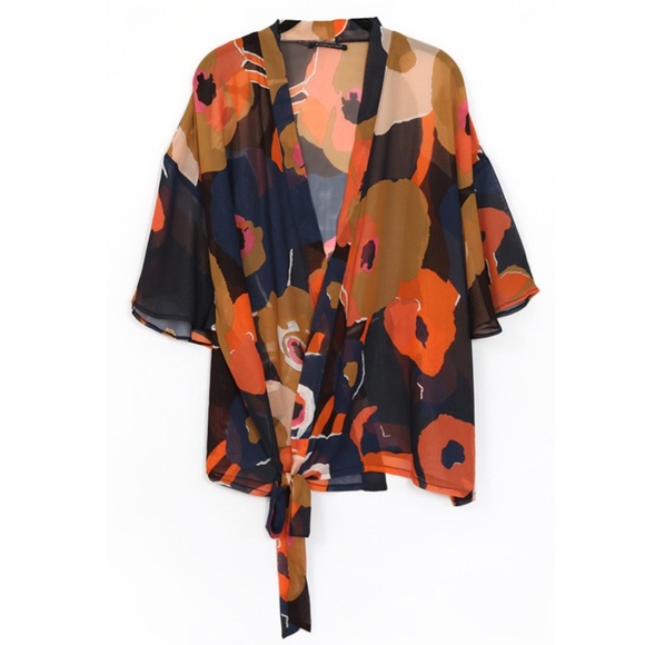 Orange Flower Print Knotted Kimono Blouse - Picture 2 of 3