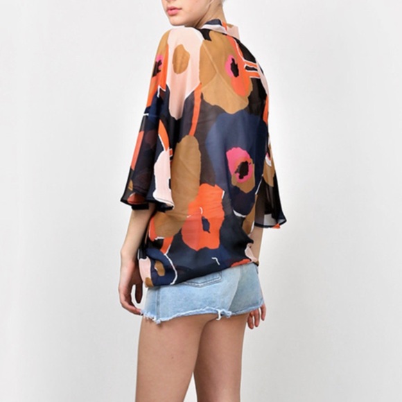 Orange Flower Print Knotted Kimono Blouse - Picture 3 of 3