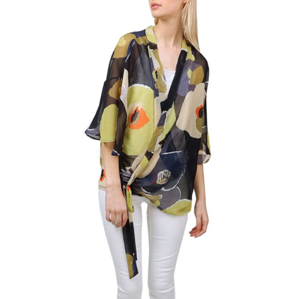 Green Flower Print Knotted Kimono Blouse