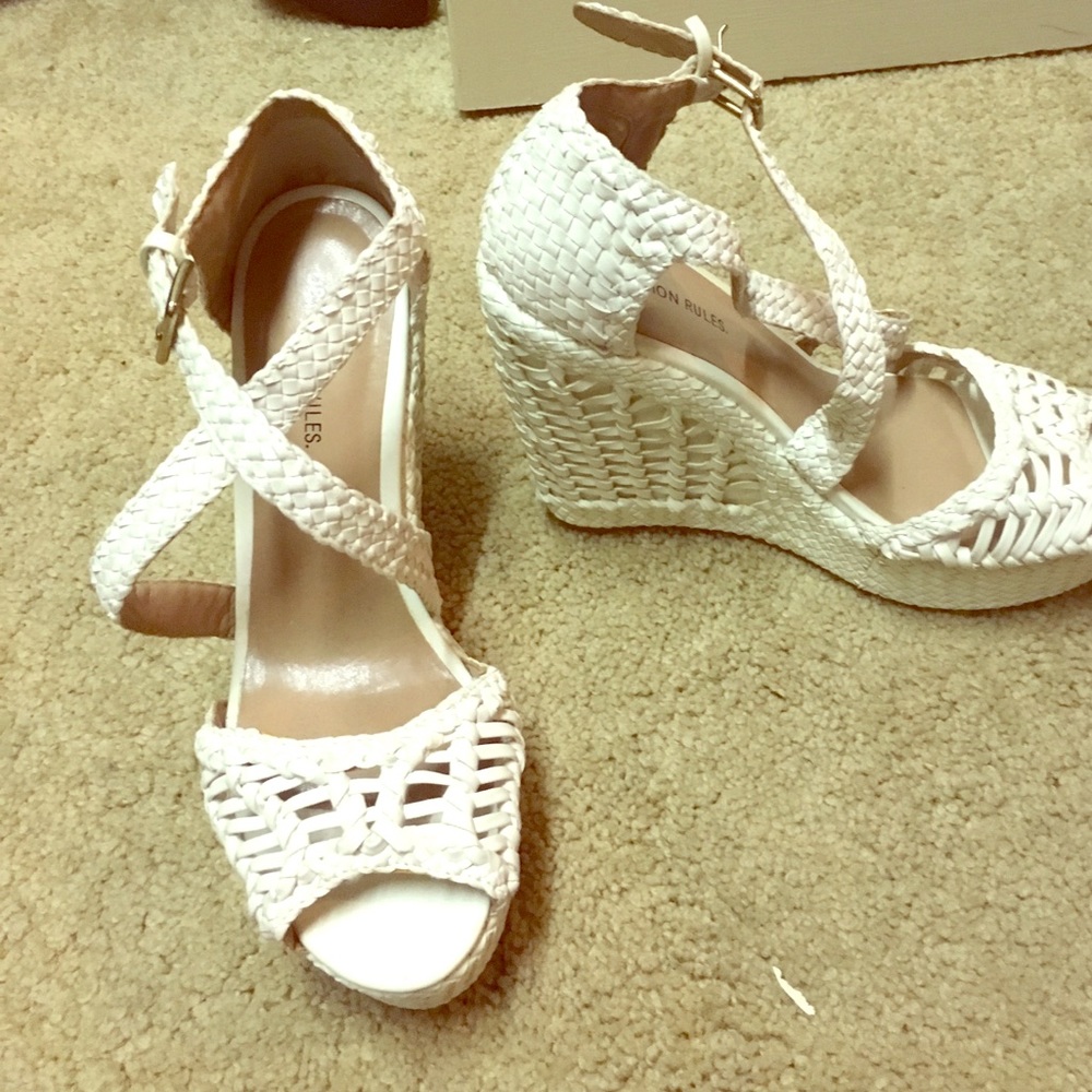 Tall White basket weave Wedges.