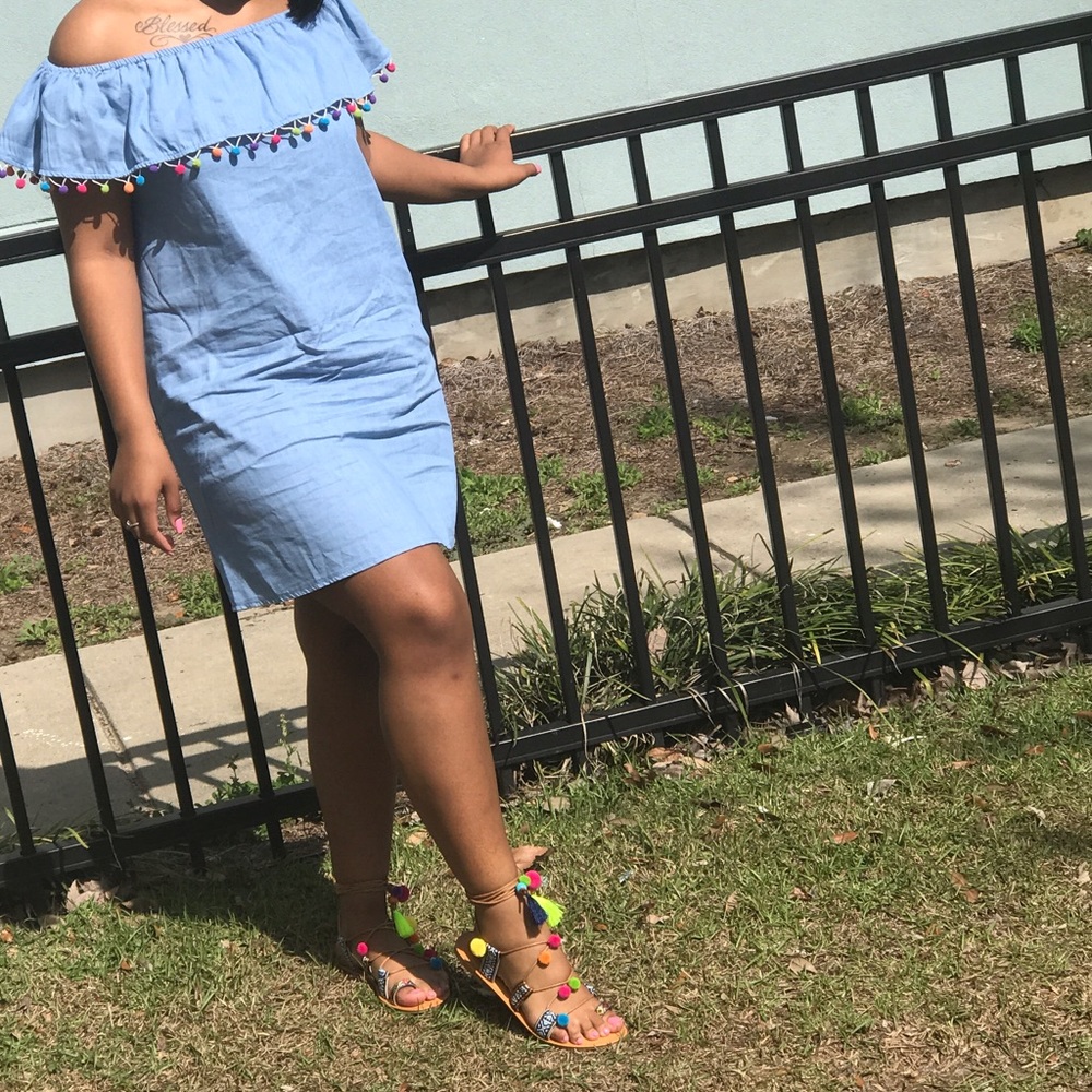Strapless denim dress.
