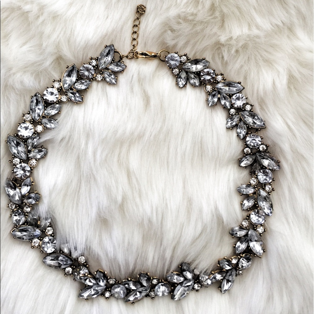 Leaf White Crystal Gold Statement Necklace