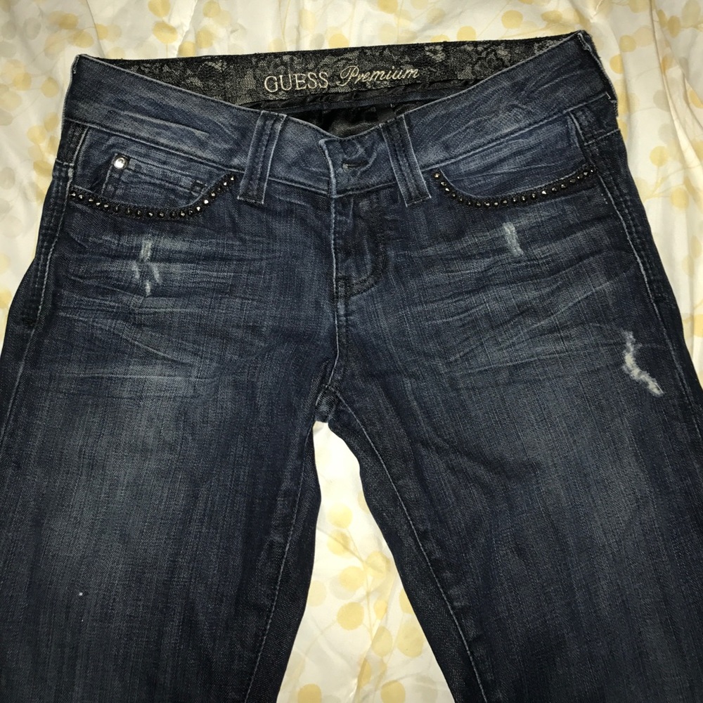 Guess Distressed Dark Jeans with Bling Detail