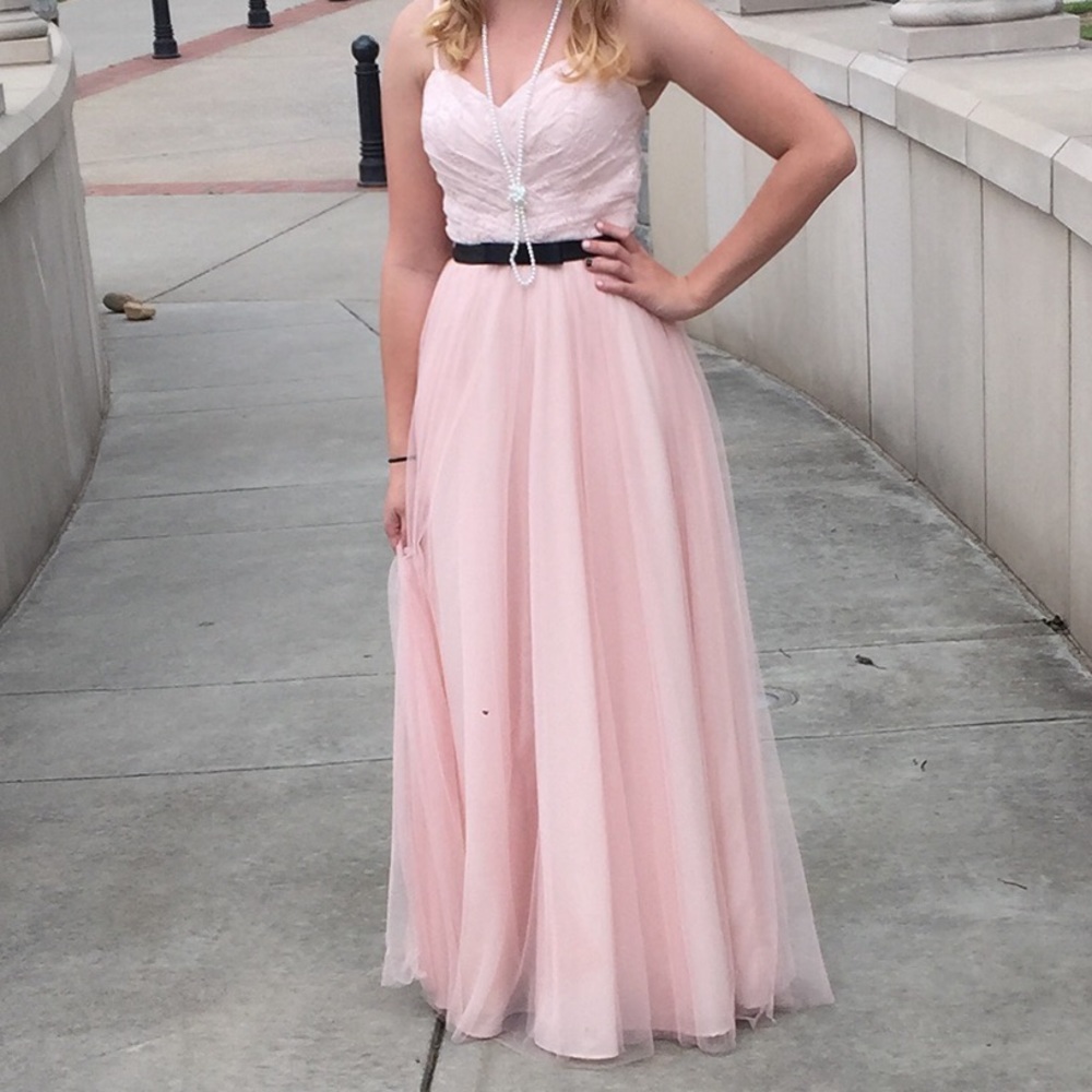 Pink and white lace prom dress