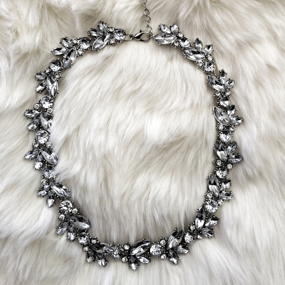 Leaf White Crystal Silver Statement Necklace