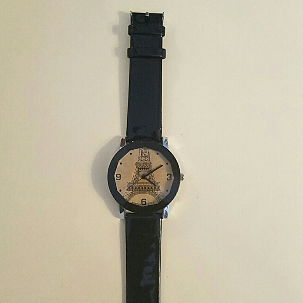 Brand new black patent leather Eiffel tower watch