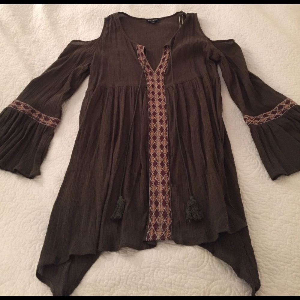 Green Shoulder Cut Out Boho Tunic