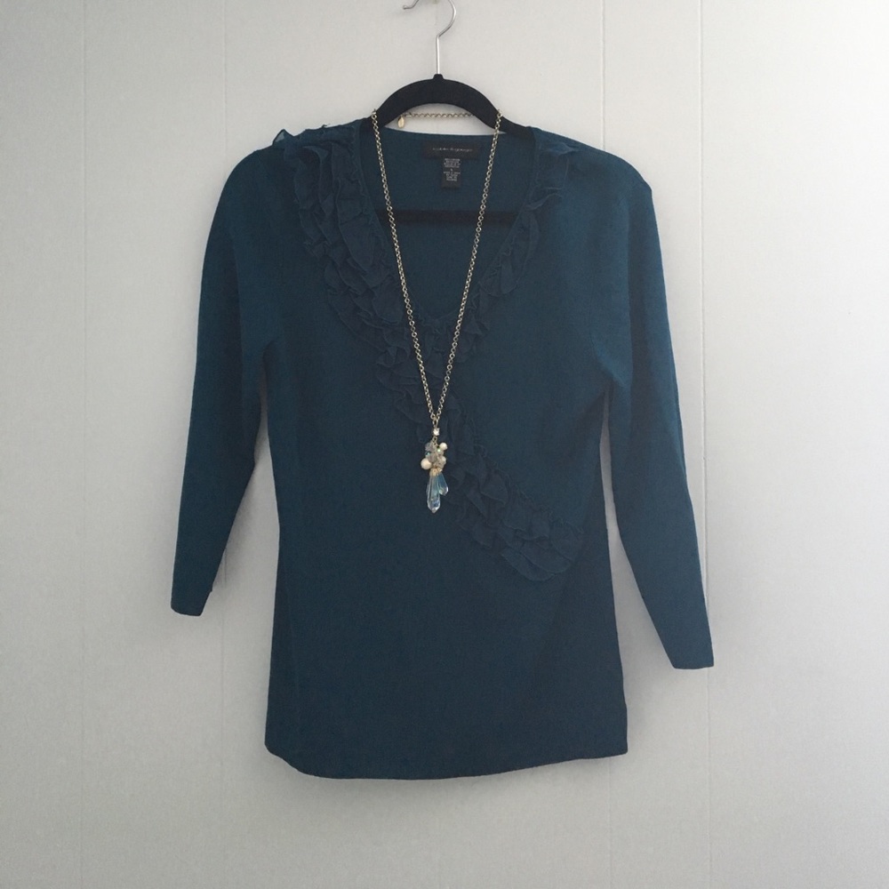 ✨SALE✨ Cable and Gauge Blue V Neck Ruffle Pullover