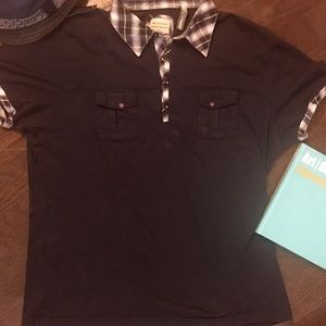 NO EXCESS Men's Navy with Plaid Collar Polo XL