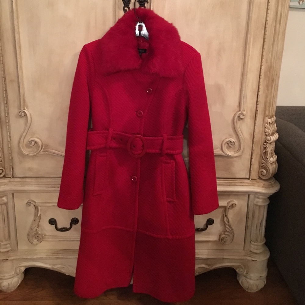 Red Bebe coat with genuine fur collar