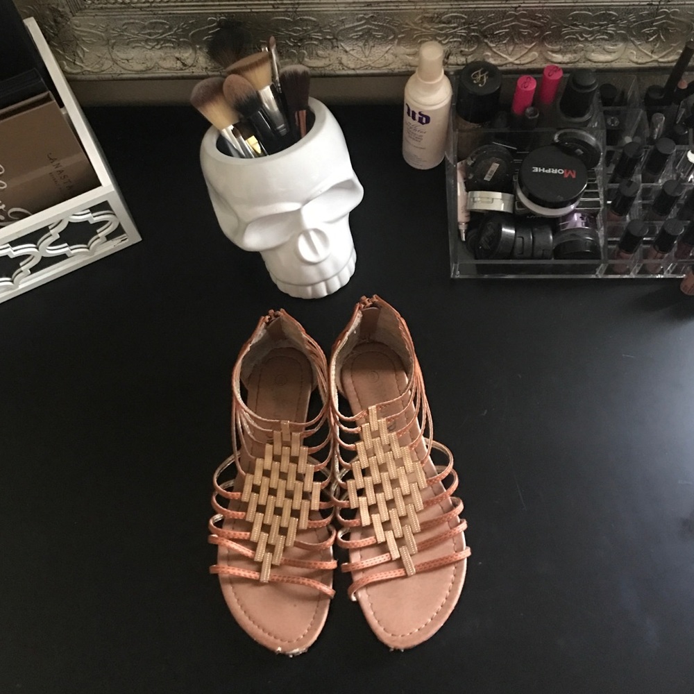 Gold and tan faux leather sandals