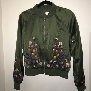 Green floral embroidered bomber jacket