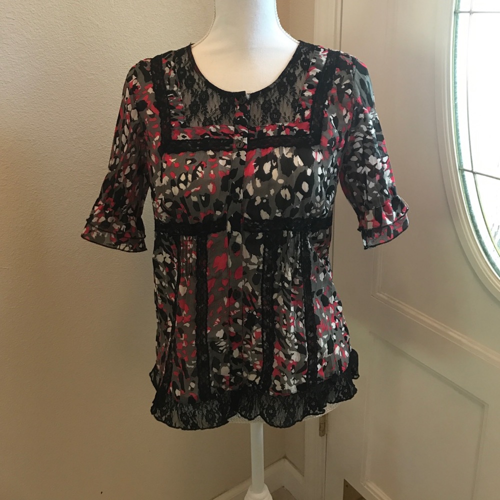 Ny Collection Sheer Black, white, and red top