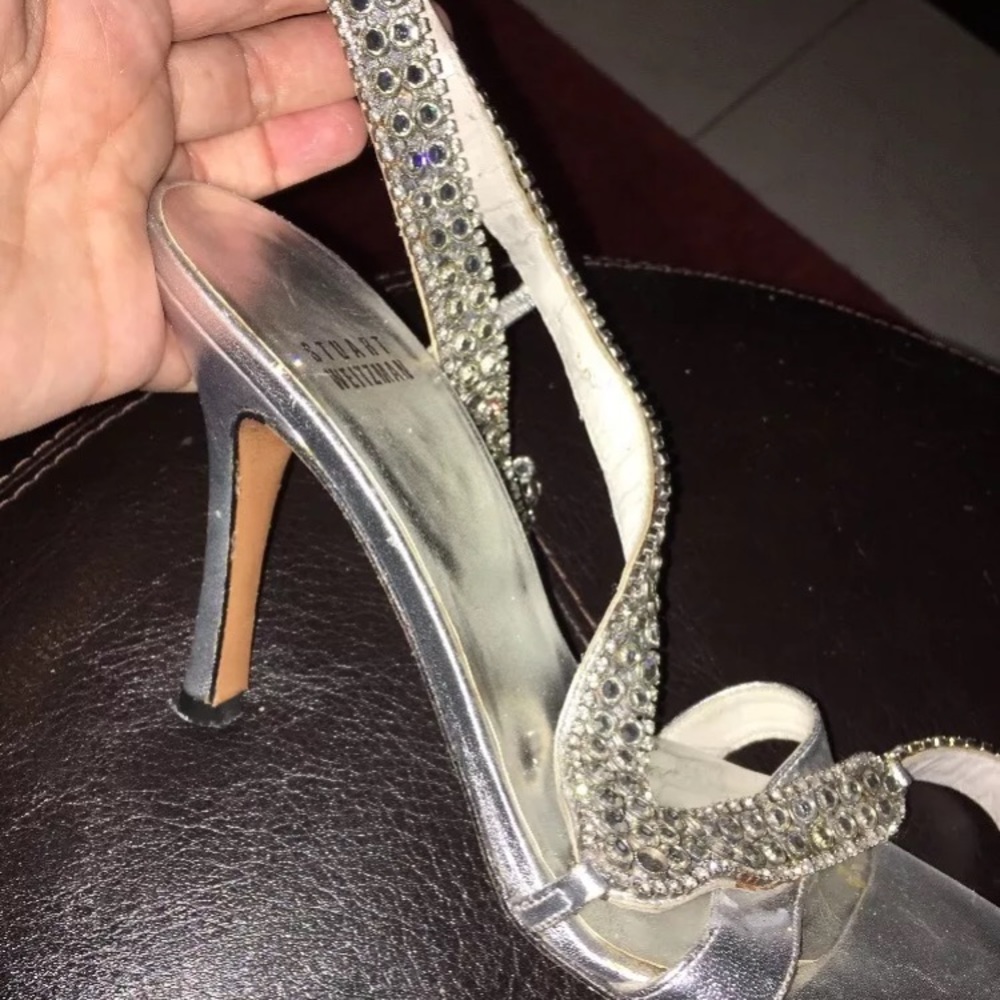 STEWART WEITZMAN Silver Rhinestone Strappy Heels 6