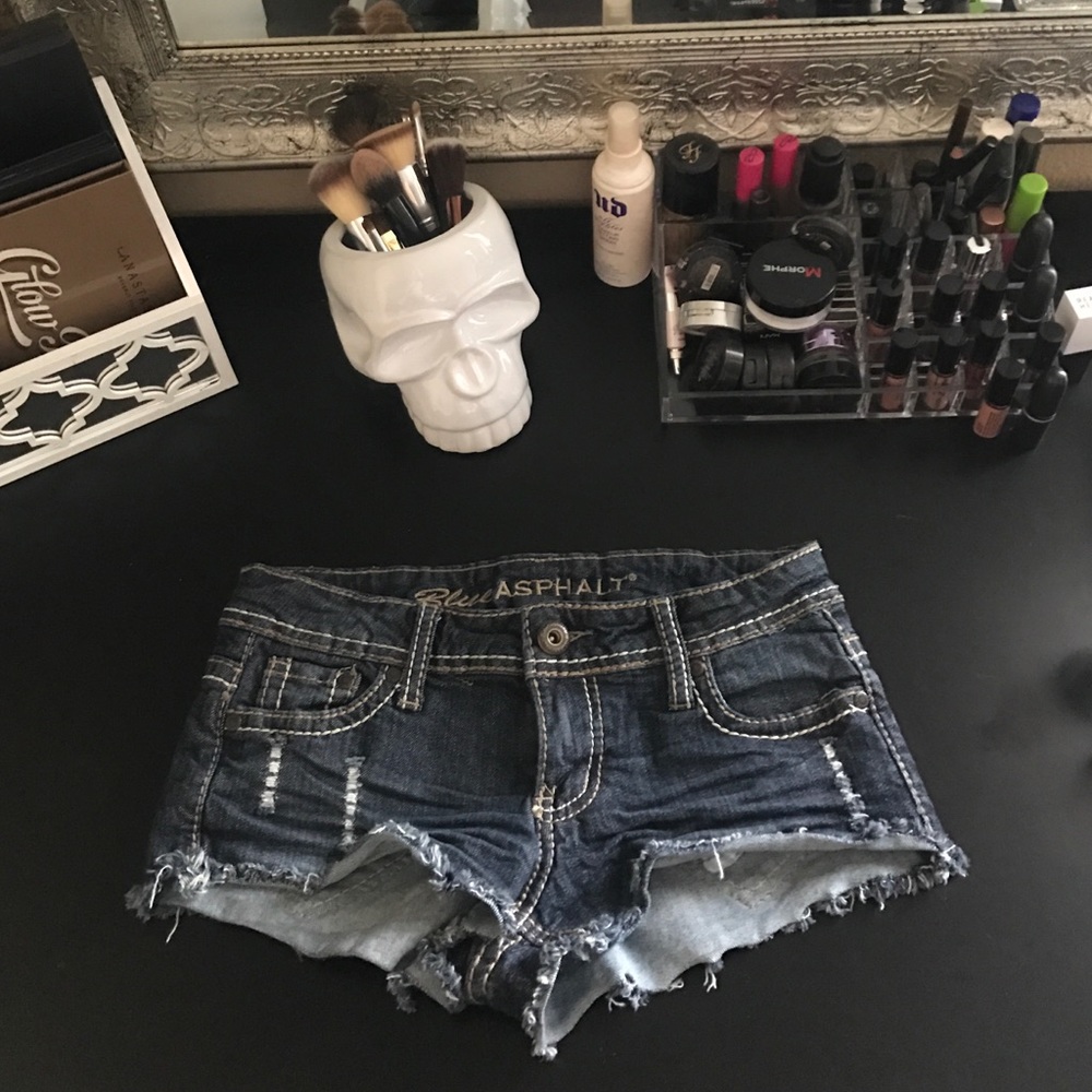 Dark denim frayed festival shorts