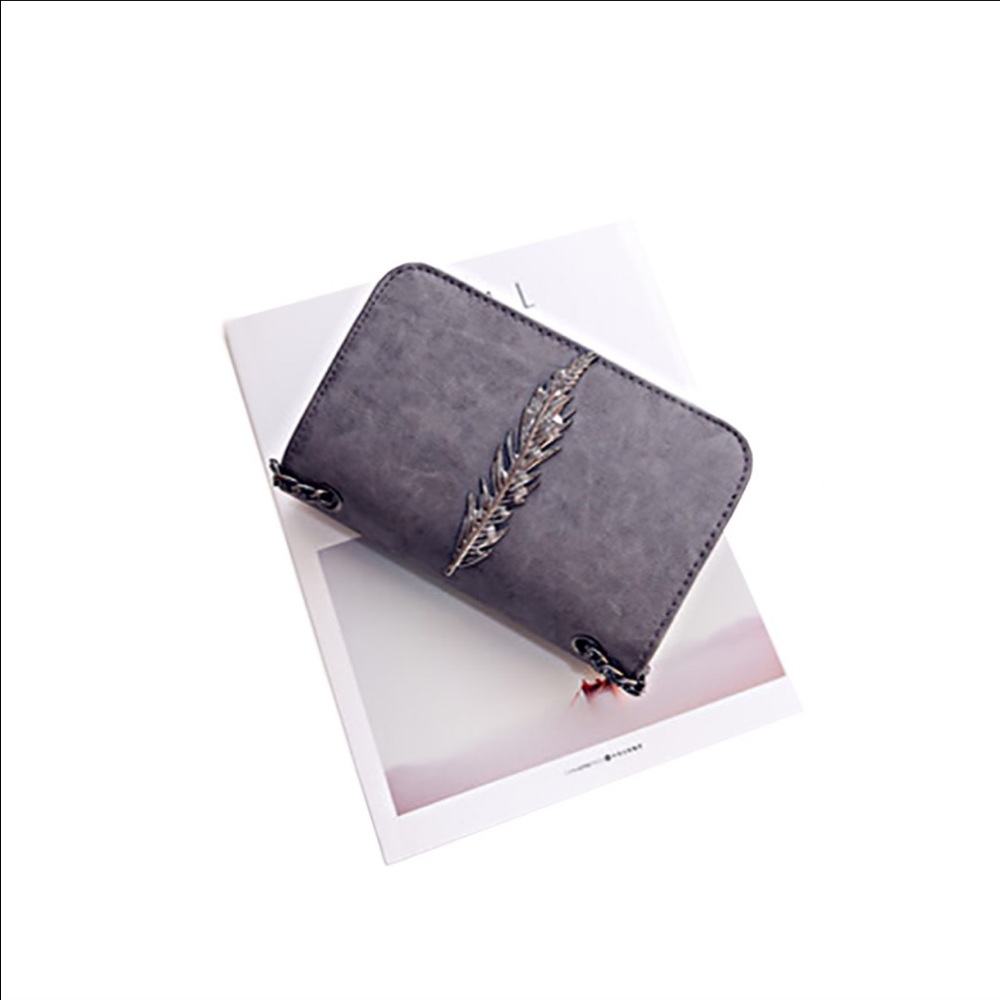 LAST Gray Leather Feather detail messenger clutch - Picture 6 of 8