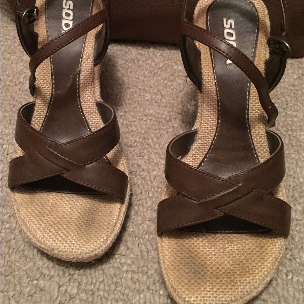 Soda wedge sandals with colorful stitched back.