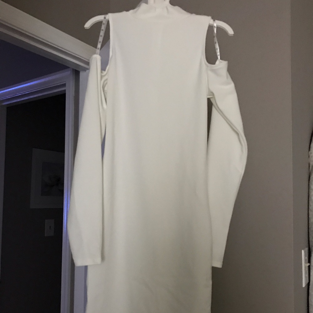 White cold shoulder body con dress