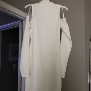 White cold shoulder body con dress