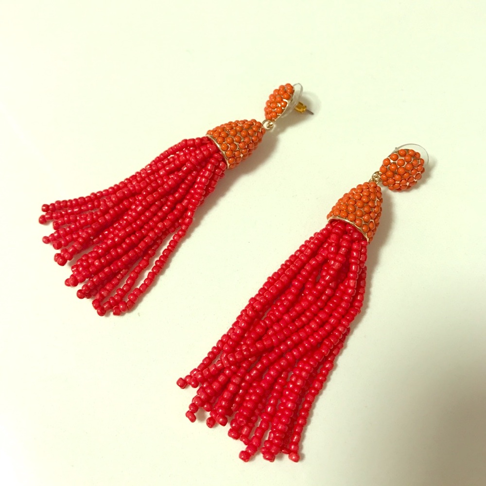 Red Bauble Bar Tassel Drop Earrings