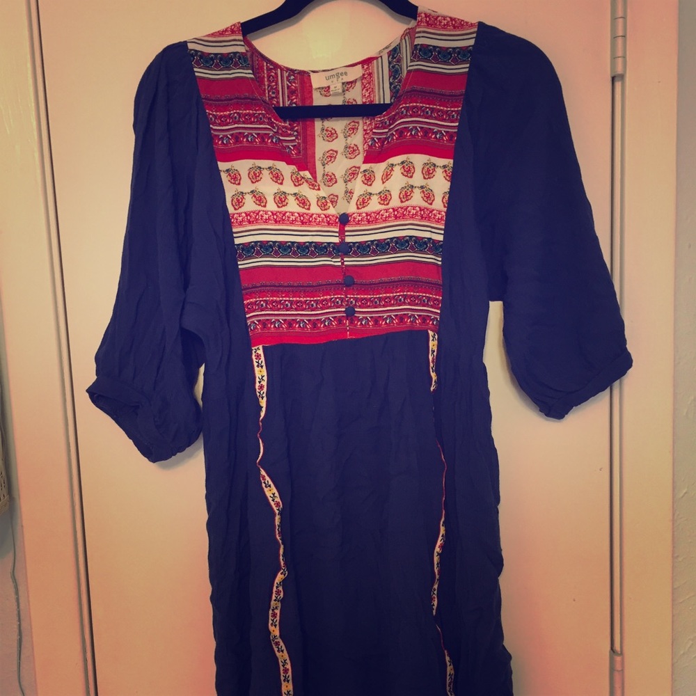Umgee Boho Embroidered Tunic Peasant Dress Medium