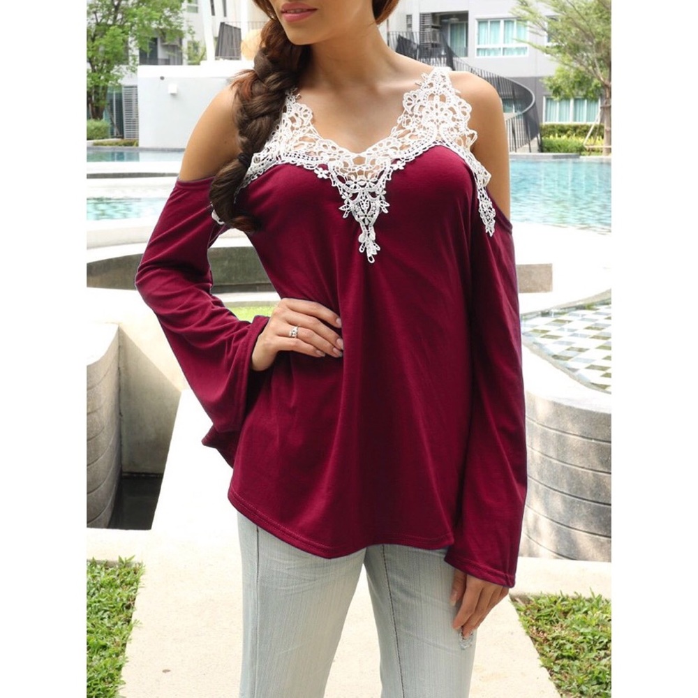 Wine Red Cold Shoulder Lace Top