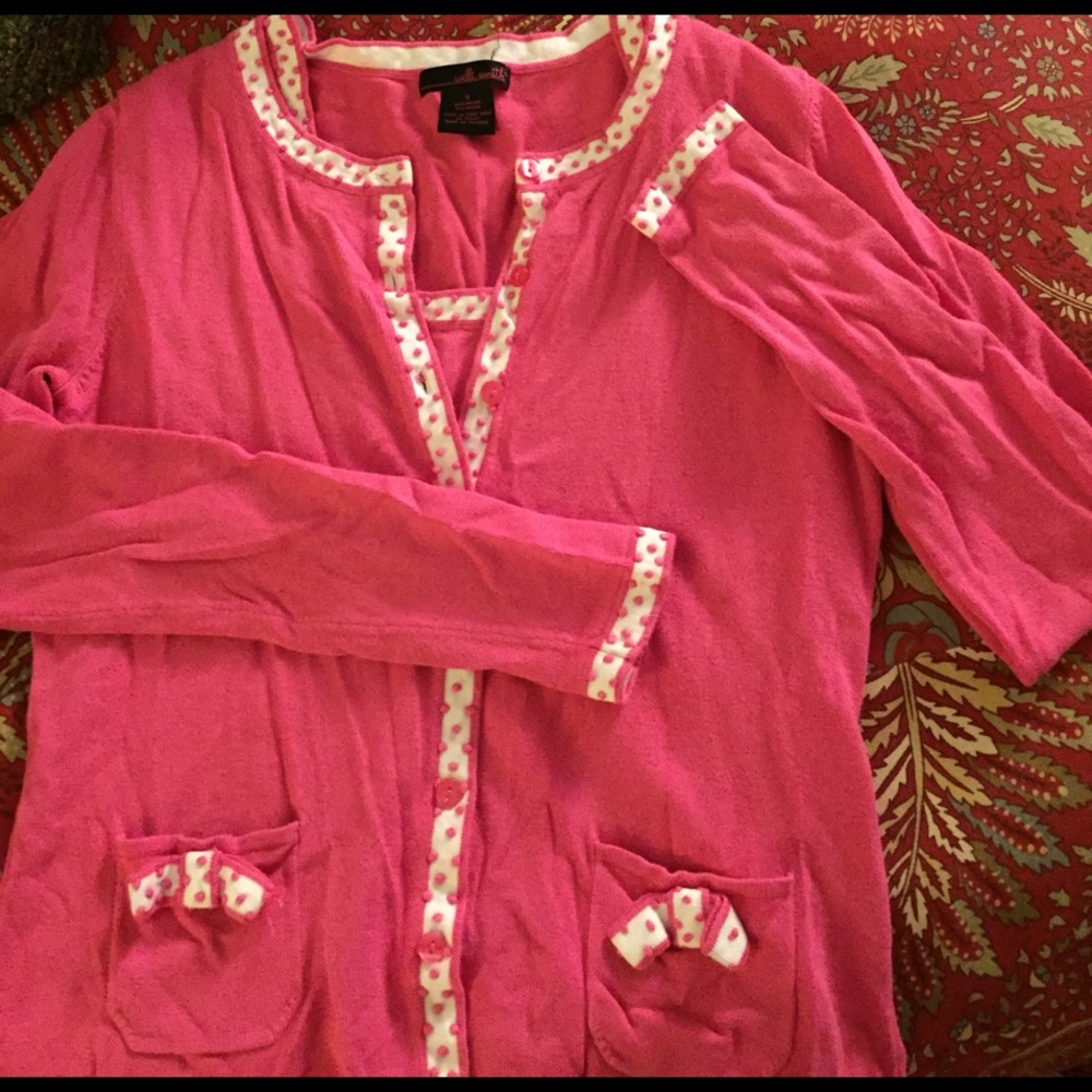 Mad men look!  Polka dotted pink white sweater set