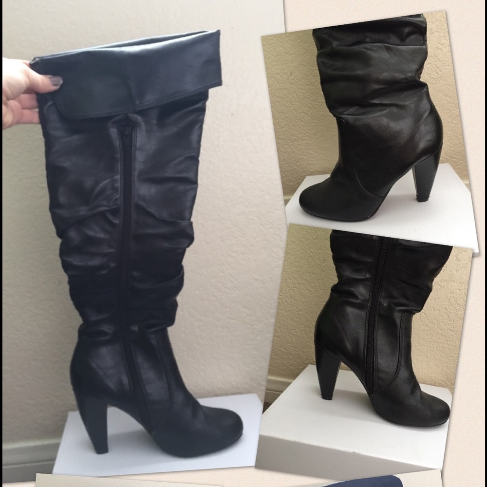 Black faux leather thigh-high boots