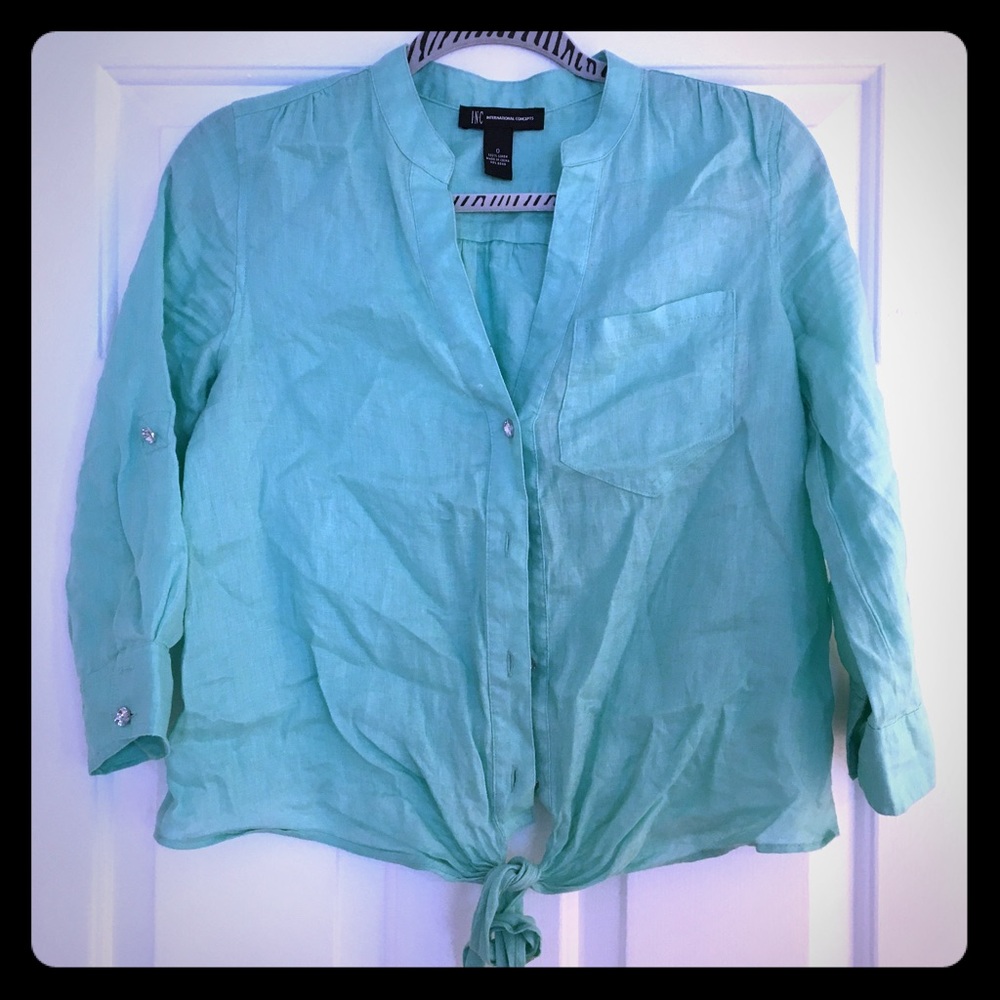 INC Button-Down Tie-Front Linen Blouse in Aqua