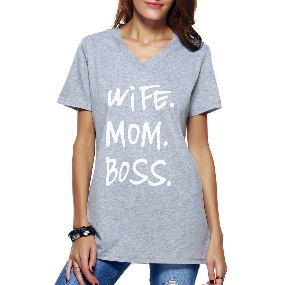 Gray "Wife. Mom. Boss" Tee