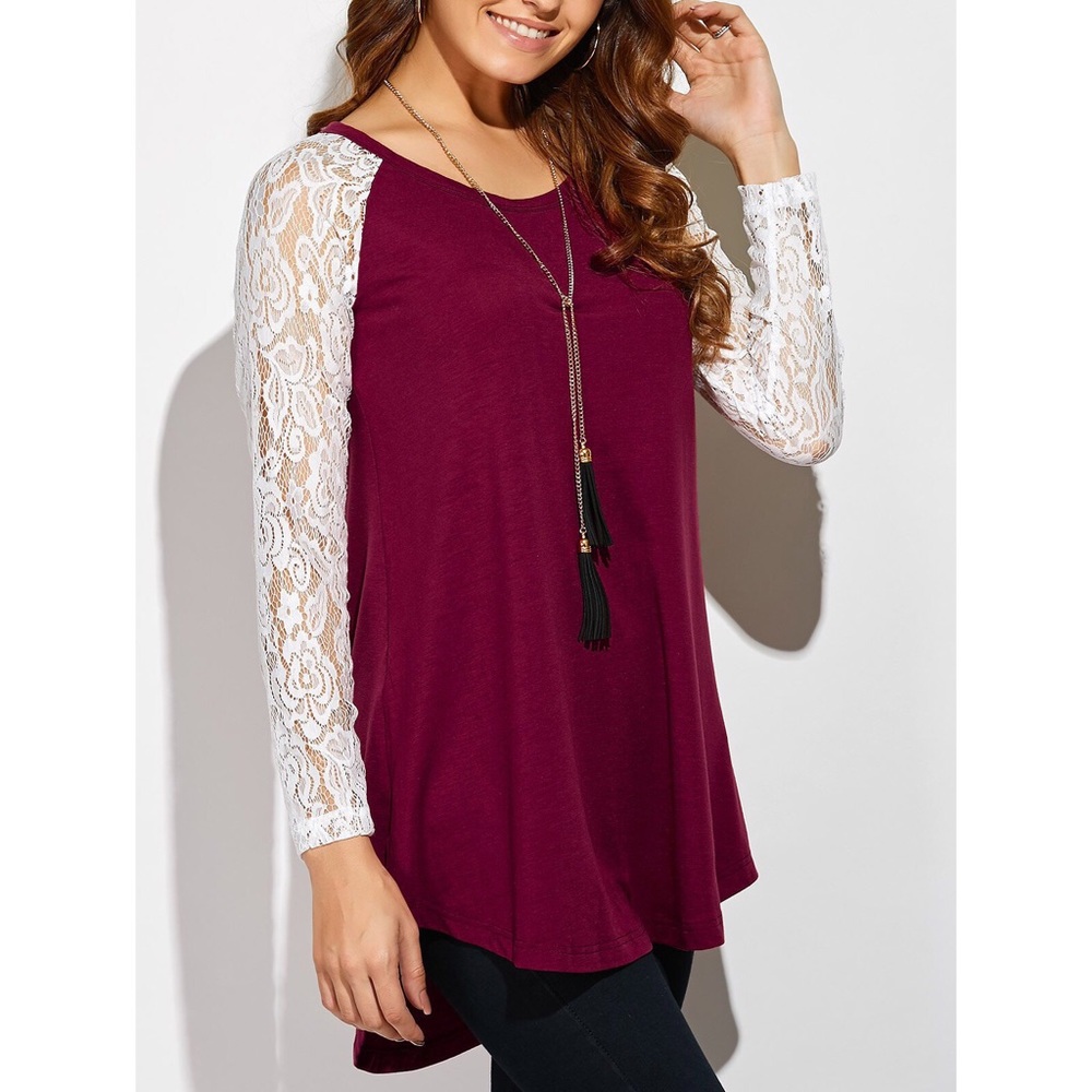 Wine Red Lace Sleeve Top