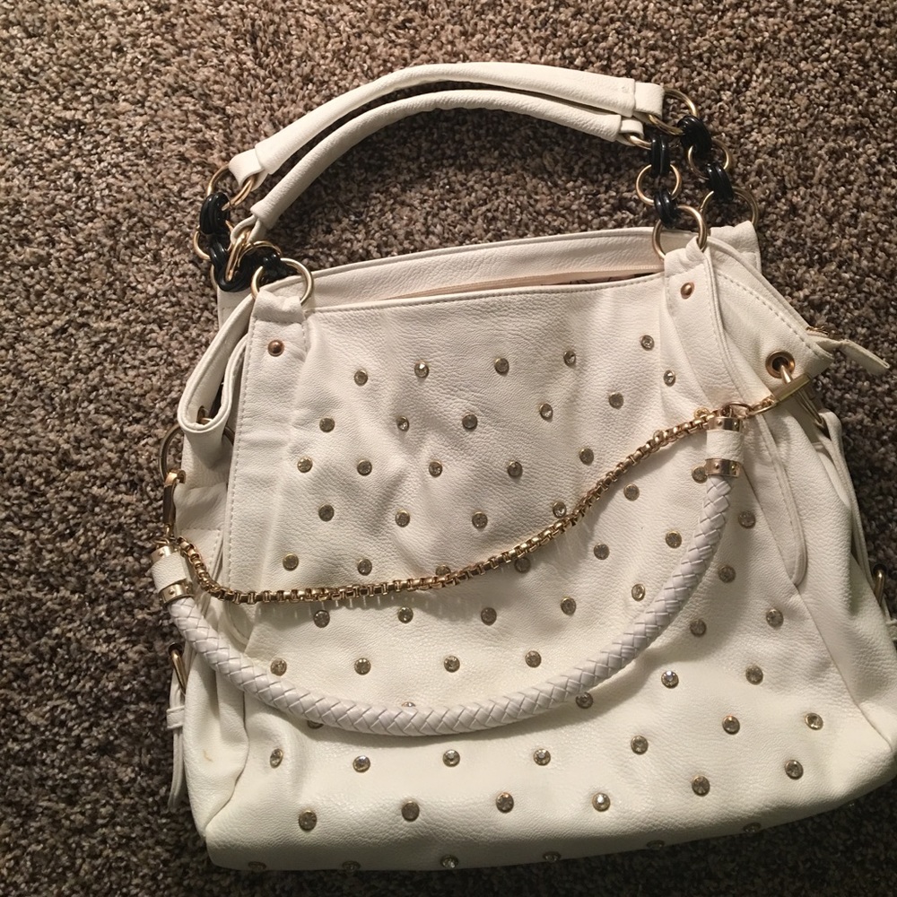White and gold bejeweled purse