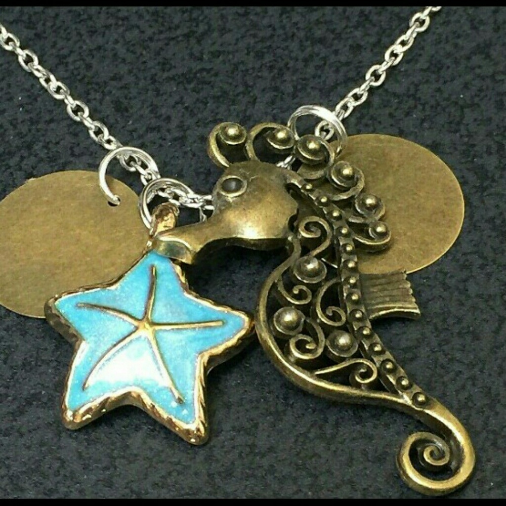 🌟 HANDCRAFTED STAR FISH & SEA HORSE TIBETAN SILVER NECKLACE 18" CHAIN CHARMS ✨️