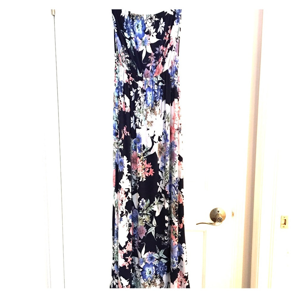 Strapless Slinky Floral Print Maxi Dress
