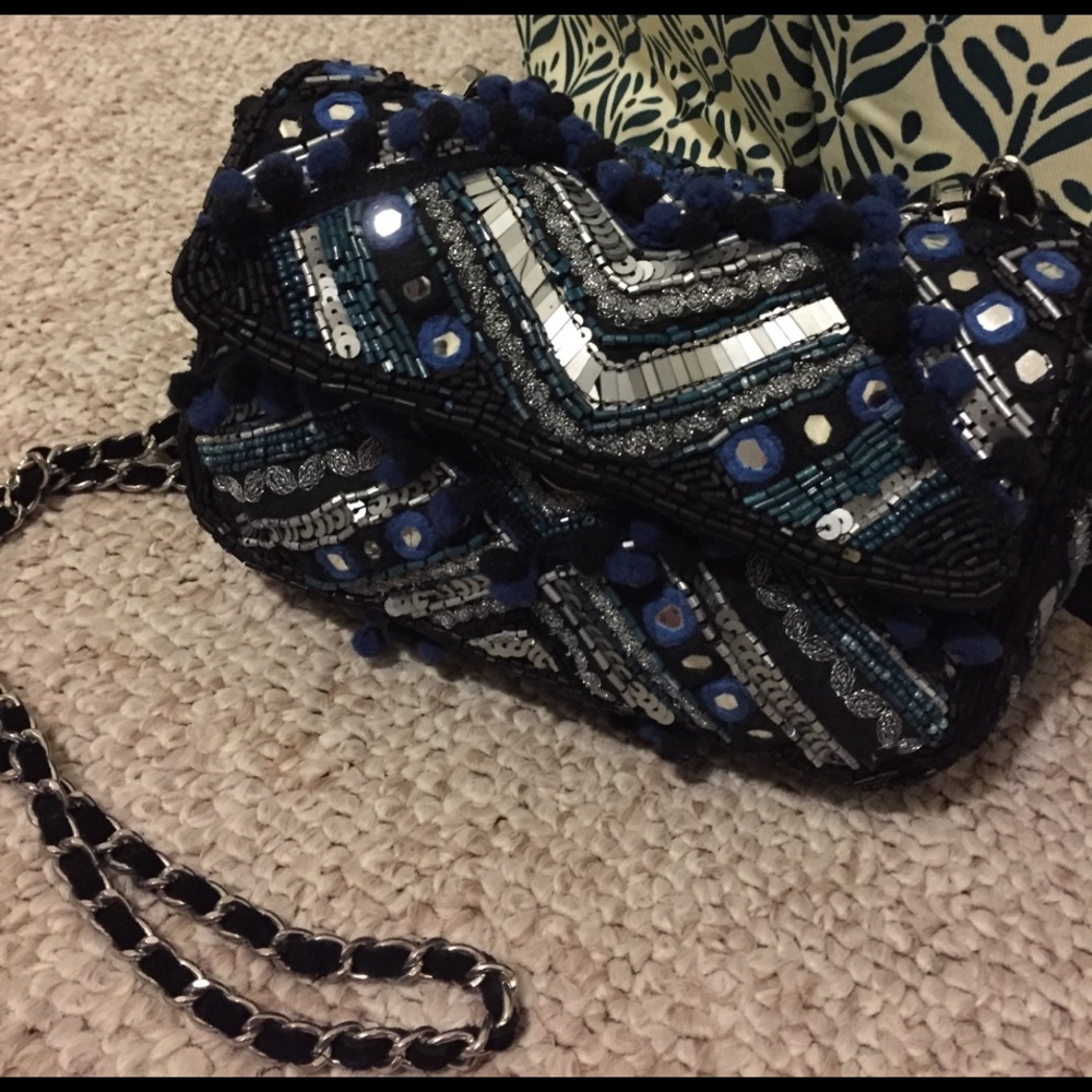 Zara NWT blue/black/silver sequined mirrored purse