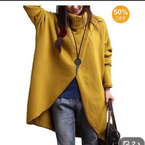 Turtleneck asymmetrical poncho: mustard