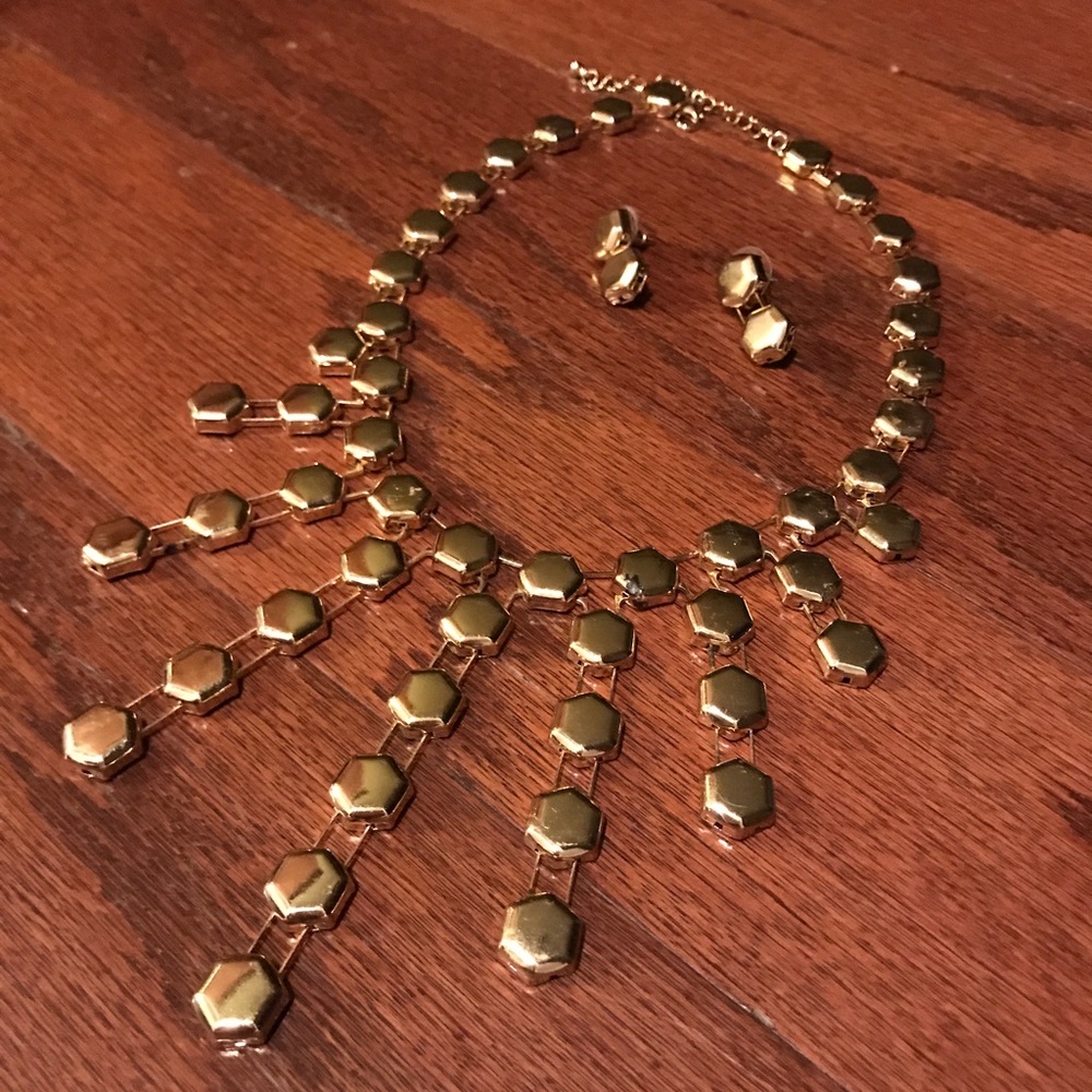 gold hexagonal statement necklace and earring set