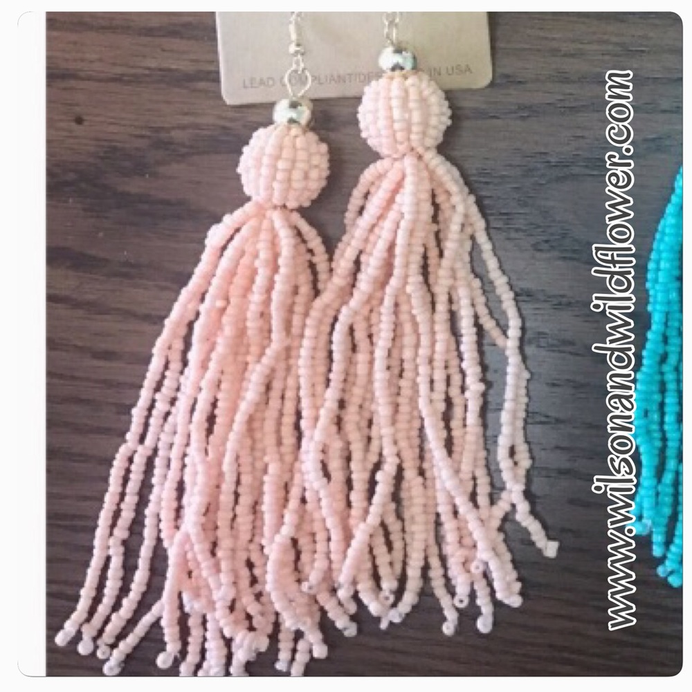 Peach Color Beaded Tassel Earrings