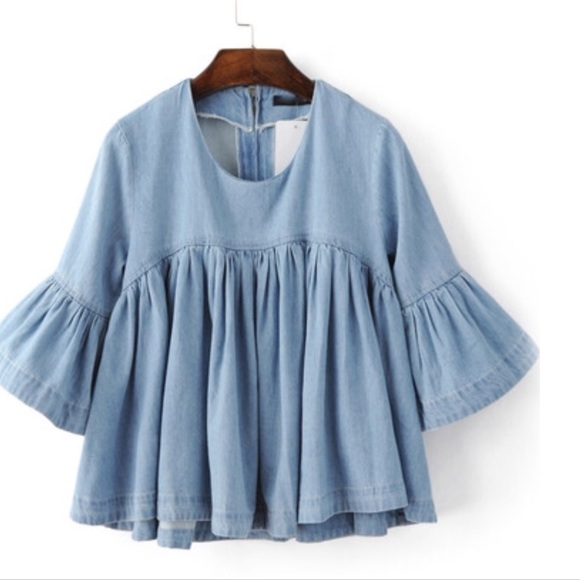 ☀️Denim Ruffle Peplum Zipper Back Top - Picture 2 of 6