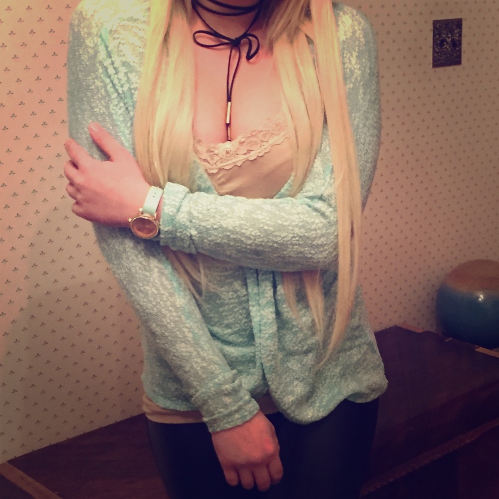 ❗️PRICE DROP❗️ Light Turquoise Lace Back Cardigan