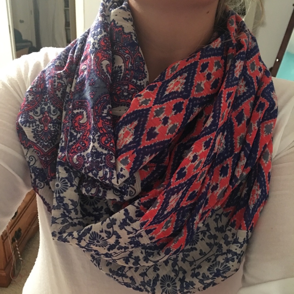 Pink white and blue infinity scarf