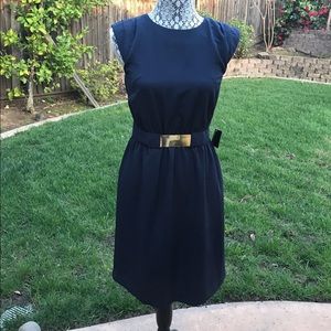 Navy Dress with Gold Belt Detail